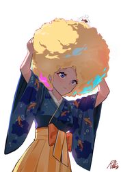  absurdres afro alternate_hairstyle animal_print bag blonde_hair blue_eyes blue_kimono female fish fish_on_head fish_print goldfish goldfish_print hair_behind_ear hakama hakama_skirt highres hololive hololive_english japanese_clothes kimono looking_ahead official_alternate_costume orange_skirt plastic_bag radical_highway skirt smile solo virtual_youtuber watson_amelia watson_amelia_(new_year) 