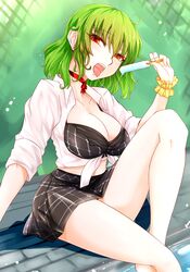  bikini black_bra black_skirt bow bow_choker bra breasts choker cleavage collar female food frills green_background green_hair hair_between_eyes highres holding holding_food itocoh kazami_yuuka large_breasts legs looking_at_viewer melting navel open_clothes open_mouth open_shirt plaid plaid_skirt poolside popsicle red_bow red_choker red_collar red_eyes revealing_clothes saliva saliva_trail sexually_suggestive shirt sitting skirt sleeves_rolled_up solo swimsuit thighs tied_shirt tongue tongue_out torn_bra torn_clothes touhou underwear water white_shirt 