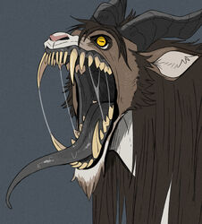  absurd_res anthro big_fangs black_hair black_horn black_insides black_lips black_mouth black_tongue bodily_fluids brown_body brown_fur bust_portrait fangs fur glistening glistening_tongue grey_horn grey_tongue hair hi_res horizontal_pupils horn imperatorcaesar lips male monster mouth_shot open_mouth portrait pupils saliva saliva_on_tongue saliva_string simple_background slit_pupils solo tan_teeth teeth tongue white_body white_fur wide_eyed 