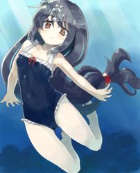  air_bubble black_hair black_one-piece_swimsuit blush breasts bubble casual_one-piece_swimsuit collarbone covered_navel day female frilled_one-piece_swimsuit frills full_body hatsushimo_(kancolle) holding_breath kantai_collection light_rays long_hair low-tied_long_hair naka_akira ocean one-piece_swimsuit outdoors red_eyes small_breasts solo submerged sunlight swimming swimsuit underwater water 