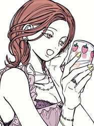  1poppy bad_id bad_twitter_id bracelet breasts brown_eyes brown_hair cup drinking_glass earrings female hand_on_own_cheek hand_on_own_face heart heart_earrings highres holding holding_cup jewelry komatsu_nana long_hair looking_to_the_side medium_breasts nail_polish nana_(series) open_mouth ring solo yellow_nails 