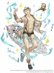  1boy :d aladdin_(sinoalice) anklet blonde_hair blue_eyes bracelet crocs eyewear_on_head full_body glasses highres jewelry ji_no looking_at_viewer male_focus muscular muscular_male official_art oil_lamp open_mouth pixels ring see-through shirt sinoalice smile solo space_invaders square_enix surfboard swimsuit tattoo water wet white_background 