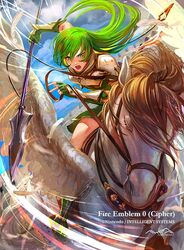  armor dress egawa_akira erinys_(fire_emblem) female fire_emblem fire_emblem:_genealogy_of_the_holy_war fire_emblem_cipher fortress green_dress green_eyes green_hair long_hair official_art open_mouth pegasus pegasus_knight_uniform_(fire_emblem) polearm spear thighhighs weapon white_armor 