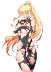  absurdres black_gloves blonde_hair blue_eyes blush bodystocking breasts commentary_request covering_breasts covering_crotch covering_privates darkness_(konosuba) female gloves hair_ornament heart heart-shaped_pupils high_ponytail highres kono_subarashii_sekai_ni_shukufuku_wo! large_breasts long_hair momihige open_mouth partial_commentary ponytail sidelocks simple_background solo symbol-shaped_pupils torn_bodystocking torn_clothes white_background x_hair_ornament 