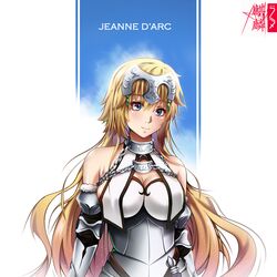  armor armored_dress blonde_hair blue_eyes breasts chains character_name cleavage closed_mouth commentary dress fate/apocrypha fate_(series) female floating_hair hair_between_eyes headpiece highres jeanne_d&#039;arc_(fate) jeanne_d&#039;arc_(third_ascension)_(fate) kirin27 large_breasts long_hair sleeveless sleeveless_dress smile solo upper_body very_long_hair white_dress 