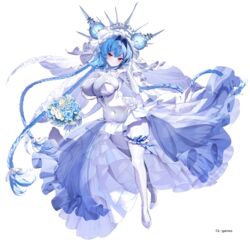  absurdres aku_no_onna_kanbu:_perigee_new_moon arrow_(tamawo222) blue_flower blue_hair blue_ribbon blue_rose bouquet braid braided_ponytail breasts bridal_garter bridal_veil character_request cleavage colored_skin copyright_notice dress female floral_print flower frills full_body grey_skin hair_intakes halo high-low_skirt highres holding holding_bouquet huge_breasts long_hair official_art red_eyes ribbon rose rose_print see-through single_thighhigh solo thighhighs veil wedding_dress white_background white_dress white_flower white_footwear white_rose 