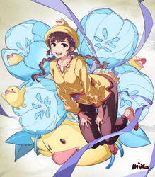  bird blue_flower braid brown_eyes brown_hair chinese_clothes choubu-chan female floral_background flower full_body hands_on_lap leaning_forward ling_shen_hua looking_at_viewer miyo_(13th_floor) red_footwear sash shenmue shenmue_iii shirt signature smile twin_braids yellow_headwear yellow_shirt 