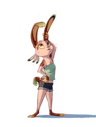  2017 anthro barefoot biped clothed clothing feet fully_clothed fur hi_res lagomorph leporid light lighting looking_up mammal rabbit ribbontail_(character) simple_background solo standing vulpesvant white_background white_body white_fur 