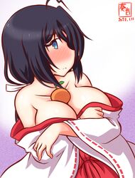  alternate_costume artist_logo bare_shoulders black_hair blue_eyes breasts cleavage collarbone dated embarrassed female food fruit gradient_background hakama hakama_skirt japanese_clothes kako_(kancolle) kako_kai_ni_(kancolle) kanon_(kurogane_knights) kantai_collection kimono large_breasts long_hair looking_at_viewer mandarin_orange messy_hair miko one-hour_drawing_challenge oppai_mochi ponytail purple_background red_hakama ribbon-trimmed_sleeves ribbon_trim skirt solo undressing white_kimono wide_sleeves 