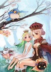  2girls amistr_(ragnarok_online) barefoot bird blue_bird blush boots branch breasts brown_dress brown_eyes brown_footwear cape closed_mouth commentary_request creator_(ragnarok_online) crown day dress feet_out_of_frame filir_(ragnarok_online) forest full_body fur-trimmed_footwear fur_trim gloves grass green_hair hair_bun lif_(ragnarok_online) long_hair medium_bangs multiple_girls nature navel okishiji_en outdoors plunging_neckline pointy_ears ragnarok_online red_cape red_eyes sheep short_bangs short_dress signature single_hair_bun sleeveless sleeveless_dress slime_(creature) small_breasts smile vanilmirth_(ragnarok_online) white_dress white_gloves white_hair 