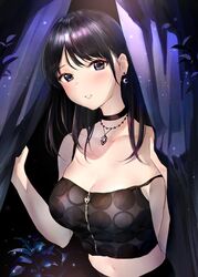  bare_arms bare_shoulders black_eyes black_hair black_shirt breasts camisole choker cleavage collarbone commentary_request crop_top curtain_grab curtains earrings female holding jewelry large_breasts long_hair looking_at_viewer midriff navel necklace original parted_lips plant shirt sleeveless sleeveless_shirt solo spaghetti_strap strap_slip takeashiro upper_body 