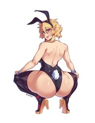  animal_ears ass back backless_leotard black_leotard blonde_hair blush boots breasts broly_culo_(meme) commentary english_commentary fake_animal_ears fake_tail female full_body hair_between_eyes hands_on_own_knees high_heel_boots high_heels highres isabelle_(buskhusker) isabongos leotard looking_at_viewer looking_back meme open_mouth original playboy_bunny rabbit_ears rabbit_tail red_eyes short_hair simple_background solo squatting strapless strapless_leotard tail teeth thighhighs tongue twitter_username watermark white_background wrist_cuffs 