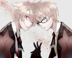  2boys aqua_eyes ascot black_ascot black_gloves blonde_hair blood blood_on_clothes blood_splatter brooch brown_jacket collared_shirt commentary crazy_eyes dual_persona evil_grin evil_smile fate/grand_order fate_(series) from_side glasses gloves grey_background grey_vest grin hair_between_eyes holding_hands interlocked_fingers jacket jacket_on_shoulders jekyll_and_hyde_(fate) jewelry looking_at_viewer looking_to_the_side male_focus multiple_boys parted_bangs red_eyes saigokukun shirt short_hair smile splatter_background tears vest white_shirt 