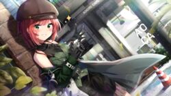  aogiri_koukou bad_id bad_pixiv_id bare_shoulders belt belt_buckle black_belt black_dress black_gloves blurry blurry_background blush brown_hat buckle cabbie_hat camera commentary day depth_of_field dress dutch_angle female glint gloves green_eyes green_jacket green_vest grin hair_between_eyes hat highres holding holding_camera ishikari_akari jacket kuria_(clear_trip_second) looking_at_viewer off_shoulder open_clothes open_jacket outdoors red_hair revision sleeveless sleeveless_dress smile solo sparkle storefront symbol-only_commentary traffic_cone vest virtual_youtuber 