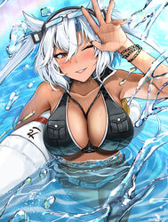  absurdres bad_anatomy belt black_nails blush breasts cleavage collarbone commentary dark-skinned_female dark_skin eyewear_on_head female fingernails glasses grey_hair hair_between_eyes hair_horns highres kantai_collection large_breasts long_hair looking_at_viewer musashi_(kancolle) nail_polish necklace_between_breasts one_eye_closed parted_lips partially_submerged red_eyes smile solo two_side_up water water_drop white_belt yunamaro 