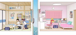  1boy bag bed bedroom black_hair brown_hair calendar_(object) chair clock closed_eyes cross_section desk female highres indoors kiyo_(kyokyo1220) kneeling office_chair on_one_knee original ponytail pooh poster_(object) school_bag school_uniform serafuku slapping swivel_chair table tatami winnie_the_pooh 