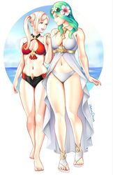  2girls :d alt_text alternate_hairstyle barefoot bikini breasts cleavage closed_eyes edelgard_von_hresvelg fire_emblem fire_emblem:_three_houses green_hair grin highres holding_hands jackary large_breasts midriff multiple_girls navel open_mouth purple_eyes red_bikini rhea_(fire_emblem) rhea_(summer)_(fire_emblem) smile swimsuit white_bikini white_hair yuri 