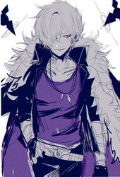  1boy add_(elsword) coat coat_on_shoulders doom_bringer_(elsword) elsword fur-trimmed_jacket fur_trim hair_over_one_eye jacket loble male_focus purple_shirt scar scar_across_eye scar_on_face shirt solo white_hair 