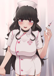  black_choker black_hair blunt_bangs blush breasts choker clipboard commentary_request dress female garter_straps hat highres holding korean_commentary large_breasts long_hair nakta nurse nurse_cap open_mouth original purple_eyes short_dress short_sleeves solo syringe white_dress white_hat you&#039;re_under_my_skin! 