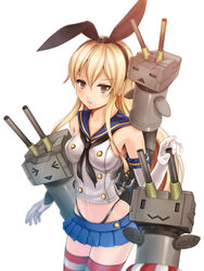  ascot bare_shoulders black_ascot black_hairband black_panties black_ribbon blonde_hair blue_sailor_collar blue_skirt blush breasts brown_eyes cowboy_shot crop_top ddr_qing elbow_gloves female gloves hair_between_eyes hair_ribbon hairband hand_up highleg highleg_panties kantai_collection long_hair looking_at_viewer medium_breasts microskirt midriff navel panties parted_lips photoshop_(medium) pleated_skirt red_thighhighs ribbon sailor_collar shimakaze_(kancolle) shirt sidelocks simple_background skirt sleeveless sleeveless_shirt solo standing striped_clothes striped_thighhighs thighhighs thighs third-party_source turret underwear v-shaped_eyebrows white_background white_gloves white_shirt 