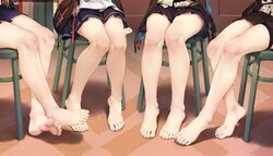  4girls absurdres arknights bare_legs barefoot black_skirt blue_skirt chinese_commentary commentary_request crossed_ankles feet foot_focus gummy_(arknights) highres indoors istina_(arknights) legs leto_(arknights) lower_body miniskirt multiple_girls ray_(pixiv9514208) sitting skirt soles toes zima_(arknights) 