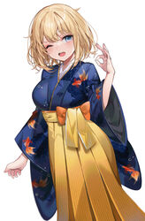  animal_print blonde_hair blue_eyes blue_kimono blush bob_cut breasts commentary english_commentary female fish_print hakama hakama_skirt highres hololive hololive_english japanese_clothes kimono large_breasts long_sleeves looking_at_viewer machi_(7769) ok_sign one_eye_closed open_mouth print_kimono short_hair simple_background skirt solo standing virtual_youtuber watson_amelia watson_amelia_(new_year) white_background wide_sleeves yellow_hakama 