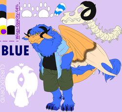  ambiguous_gender anthro blue_(cursedcorvid) blue_body blue_fur bone bottomwear claws clothed clothing curled_horn cursedcorvid digital_media_(artwork) dragon ear_tuft english_text fully_clothed fully_clothed_anthro fur furred_dragon furred_scalie hi_res horn looking_at_viewer mane markings mythological_creature mythological_scalie mythology orange_body orange_eyes orange_fur pawpads purple_background purple_markings round_pupils scalie shirt shorts simple_background skull smile solo striped_tongue t-shirt tail teeth text tongue topwear tuft vertebrae watermark white_pawpads wings yellow_sclera 