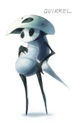  1boy character_name cracked_mask hollow_eyes hollow_knight lance mask nail_(hollow_knight) no_humans okame_nin polearm quirrel simple_background solo standing weapon white_background 