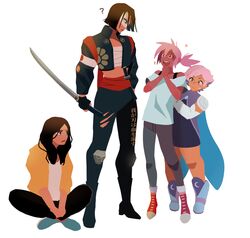  4girls ? bad_id bad_twitter_id commentary_request crossover dc_comics glimmer_(she-ra) highres holding holding_sword holding_weapon katana katana_(dc) kipo_and_the_age_of_wonderbeasts kipo_oak multiple_crossover multiple_girls she-ra_and_the_princesses_of_power sitting sparkle standing suicide_squad sweatdrop sword takamizo the_boys the_female_(the_boys) voice_actor_connection weapon white_background 