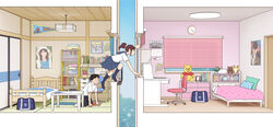  1boy bag bed bedroom black_hair brown_hair calendar_(object) chair climbing clock crawling cross_section desk female highres indoors kiyo_(kyokyo1220) kneeling office_chair original ponytail pooh poster_(object) school_bag school_uniform serafuku swivel_chair table tatami upskirt winnie_the_pooh 