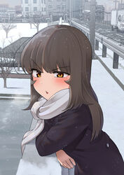  3d_background black_coat blush breath brown_hair city coat commentary_request crossed_arms day female han_nuri highres korean_commentary long_hair mole mole_under_eye motor_vehicle nakta original outdoors parted_lips railing scarf snow snowing solo truck white_scarf yellow_eyes you&#039;re_under_my_skin! 