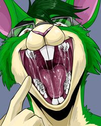  absurd_res anthro blue_background bodily_fluids brown_eyes buckteeth buckteeth_(lower_incisors) bust_portrait cheek_tuft facial_tuft front_view fur glistening glistening_eyes glistening_hair glistening_tongue green_body green_ears green_fur green_hair hair hi_res imperatorcaesar lagomorph leporid male mammal mouth_shot open_mouth pink_inner_ear pink_nose portrait rabbit red_tongue saliva saliva_on_tongue saliva_string simple_background solo tan_body tan_fingers tan_fur teeth tongue tuft uvula 