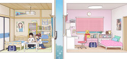  1boy bag bed bedroom black_hair brown_hair calendar_(object) chair clock cross_section desk female highres indian_style indoors kiyo_(kyokyo1220) office_chair original ponytail pooh poster_(object) school_bag school_uniform seiza serafuku sitting swivel_chair table tatami winnie_the_pooh 