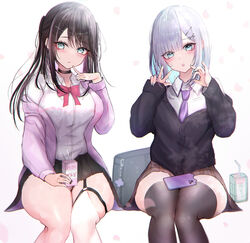  2girls :o aqua_nails bag black_cardigan black_choker black_hair black_nails black_skirt black_thighhighs blue_hair blunt_bangs blush bow bowtie breasts brown_skirt cardigan choker collared_shirt colored_inner_hair commentary_request dress_shirt finger_to_cheek garter_straps green_eyes grey_hair hair_ornament highres juice_box kaga_nazuna kaga_sumire large_breasts light_blue_hair long_hair long_sleeves looking_at_viewer lupinus_virtual_games medium_hair miniskirt mole mole_under_eye multicolored_hair multiple_girls necktie o-ring o-ring_thigh_strap pink_bow pink_bowtie pink_cardigan pink_hair plaid plaid_skirt pleated_skirt purple_necktie sanada_nagi school_bag school_uniform shirt siblings simple_background single_garter_strap single_thighhigh sisters sitting skirt streaked_hair swept_bangs thigh_strap thighhighs thighs virtual_youtuber vspo! white_background white_shirt white_thighhighs x_hair_ornament zettai_ryouiki 