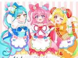  3girls ankle_bow apron bad_id bad_pixiv_id blonde_hair blue_dress bow brooch cake_hair_ornament choker cone_hair_bun cure_precious cure_spicy cure_yum-yum delicious_party_precure double_bun dress elbow_gloves food-themed_hair_ornament fuwa_kokone gloves green_eyes hair_between_eyes hair_bun hair_ornament hair_rings hanamichi_ran heart heart_brooch huge_bow jewelry long_hair magical_girl multiple_girls nagomi_yui nikaidou_(pixiv2510) one_eye_closed orange_dress pink_background pink_choker pink_dress pink_eyes pink_hair precure puffy_short_sleeves puffy_sleeves sash short_sleeves single_hair_bun striped striped_background two-tone_dress very_long_hair white_dress white_gloves white_stripes yellow_dress yellow_eyes 