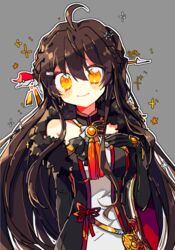  ara_haan black_hair buchu14569590 collar commentary dress elsword female hair_between_eyes hair_ornament hairclip long_hair solo strapless strapless_dress symbol-only_commentary yama_raja_(elsword) yellow_eyes 