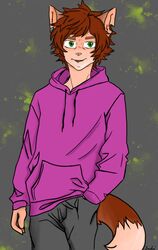  absurd_res bottomwear brown_hair clothing clothing_cord drawstring fox_tail green_eyes grey_bottomwear grey_clothing grey_pants hair hi_res hoodie humanoid jondrethefurry male pants solo topwear 