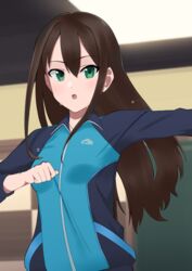  :o absurdres blue_jacket breasts brown_eyes commentary_request female garuku1120 green_eyes hair_between_eyes highres idolmaster idolmaster_cinderella_girls indoors jacket long_hair looking_at_viewer shibuya_rin small_breasts solo standing straight_hair sweatdrop track_jacket upper_body 