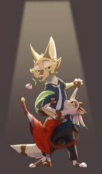  2017 anthro barefoot brown_background brown_body brown_fur canid canine cheek_tuft clothed clothing dancing dress duo facial_tuft feet felid feline flower fox fully_clothed fur green_eyes hi_res light lighting mammal plant ribbontail_(character) rose_(flower) simple_background smile spotlight tuft vulpesvant vulpesvant_(character) whiskers 