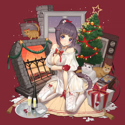  alternate_eye_color animal_ears arknights artist_name bare_shoulders bell black_hair blue_eyes blunt_bangs blush bow breast_hold breasts cat_ears cat_girl cat_tail choker christmas cleavage collarbone feline female food full_body garter_straps gloves hairbow itoucon jessica_(arknights) large_breasts lips lipstick long_hair looking_at_viewer makeup merry_christmas parted_lips ponytail red_background red_gloves revealing_clothes see-through signature simple_background sitting skindentation solo tail thighhighs white_thighhighs yokozuwari 