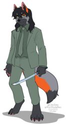  135:256 2022 alpha_channel anthro artist_name barefoot biped black_nose bottomwear canid canine claws clothed clothing dated digital_media_(artwork) eyewear feet full-length_portrait fully_clothed fur glasses green_eyes grey_body grey_fur grey_hair hair hi_res hindpaw holding_melee_weapon holding_object holding_sword holding_weapon khopesh_aeterno kittydee long_hair male mammal melee_weapon necktie orange_body orange_fur pants pawpads paws pink_pawpads portrait simple_background solo standing sword toe_claws topwear transparent_background weapon 