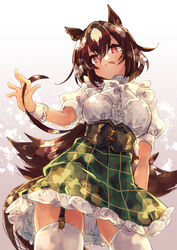  animal_ears bow breasts brown_hair closed_mouth commentary_request cowboy_shot ear_ornament female garter_straps green_skirt hair_between_eyes highres horse_ears horse_girl horse_tail large_breasts long_hair looking_at_viewer mihasame multicolored_hair partial_commentary plaid plaid_skirt puffy_short_sleeves puffy_sleeves red_eyes scrunchie shirt short_sleeves sirius_symboli_(umamusume) skirt solo streaked_hair tail thighhighs tongue tongue_out umamusume very_long_hair white_bow white_hair white_shirt white_thighhighs wrist_scrunchie 