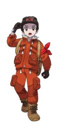  1boy absurdres adjusting_clothes adjusting_headwear black_hat boots brown_eyes brown_footwear brown_gloves brown_hair expedition_uniform full_body gloves hard_hat hat helmet highres holding holding_poke_ball jacket male_focus official_art open_mouth orange_jacket orange_pants pants poke_ball poke_ball_(basic) pokemon pokemon_swsh pouch solo standing transparent_background uniform victor_(pokemon) work_boots 