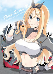  bandeau black_choker blonde_hair blue_eyes breasts car choker cleavage cropped_jacket english_text female fingerless_gloves gloves grey_bandeau grey_gloves grey_jacket highres jacket kanade_(kanadeya) kantai_collection large_breasts midriff motor_vehicle navel nelson_(kancolle) nelson_(race_queen_mode)_(kancolle) official_alternate_costume race_queen shrug_(clothing) solo 