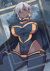  artist_name ass_visible_through_thighs black_cape breasts brown_eyes butter_sugoi cape character_name commentary dark-skinned_female dark_skin earrings female from_below grey_hair groin hand_on_own_hip hand_on_own_thigh highres hip_vent jewelry large_breasts marvel o-ring pink_lips short_hair solo storm_(x-men) very_dark_skin x-men 