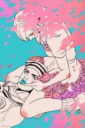  1boy blue_lips dixie_cup_hat female flower_skirt hat higashikata_josuke_(jojolion) hirose_yasuho jojo_no_kimyou_na_bouken jojolion lap_pillow lipstick lying makeup marion-ville military_hat on_back petals sailor 