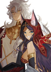  1boy absurdres animal_ear_fluff animal_ears arm_around_waist armor bare_shoulders blue_eyes braid breasts circlet expressionless fate/grand_order fate_(series) female flower_knot gem grin hair_over_shoulder highres hood jewelry large_breasts long_hair looking_at_viewer neck_ring phanta purple_hair queen_of_sheba_(fate) red_gemstone red_veil shoulder_armor simple_background single_braid smile solomon_(fate) tassel upper_body veil very_long_hair white_background white_hair yellow_eyes 