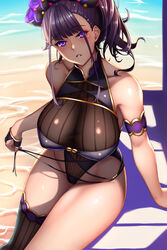  armlet bare_shoulders beach black_one-piece_swimsuit blush breasts dydydyok fate/grand_order fate_(series) female flower gloves gold_trim hair_flower hair_ornament hair_up half_gloves highleg highleg_swimsuit highres horns large_breasts long_hair looking_at_viewer murasaki_shikibu_(fate) murasaki_shikibu_(swimsuit_rider)_(fate) murasaki_shikibu_(swimsuit_rider)_(first_ascension)_(fate) one-piece_swimsuit parted_lips purple_eyes purple_hair shore single_horn sitting swimsuit thighs tied_hair 