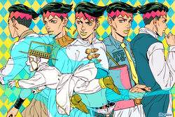  6+boys alternate_costume black_hair crop_top diamond_wa_kudakenai earrings green_eyes green_hair hat headband heaven&#039;s_door jewelry jojo_no_kimyou_na_bouken kishibe_rohan kishibe_rohan_wa_ugokanai lipstick makeup male_focus marion-ville midriff multiple_boys multiple_views necktie stand_(jojo) top_hat undercut vest waistcoat yellow_lips 