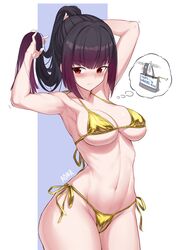  alice_gear_aegis aomoro armpits arms_up bikini black_hair blunt_bangs blunt_ends blush breasts closed_mouth collarbone cowboy_shot eyelashes female female_pubic_hair gold_bikini gradient_hair groin hasami_rika highres large_breasts looking_to_the_side micro_bikini multicolored_hair navel ponytail pubic_hair purple_hair red_eyes shadow side-tie_bikini_bottom sidelocks signature skindentation solo swimsuit thighs thought_bubble tying_hair 